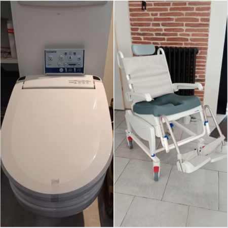Avril 2025 : abattant lavant / séchant et chaise de douche pour une jeune homme de Champigny financés avec une participation de 1850 € d'Amours de Bouchons